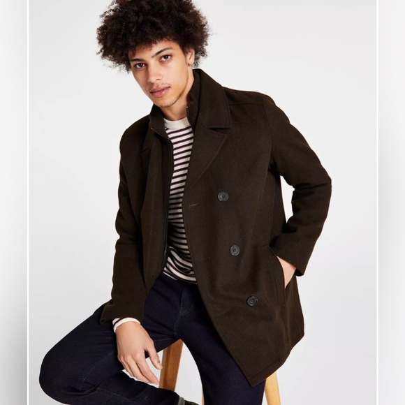 Kenneth Cole Men's Double Breasted Wool Blend Peacoat with Bib - Picture 3 of 6